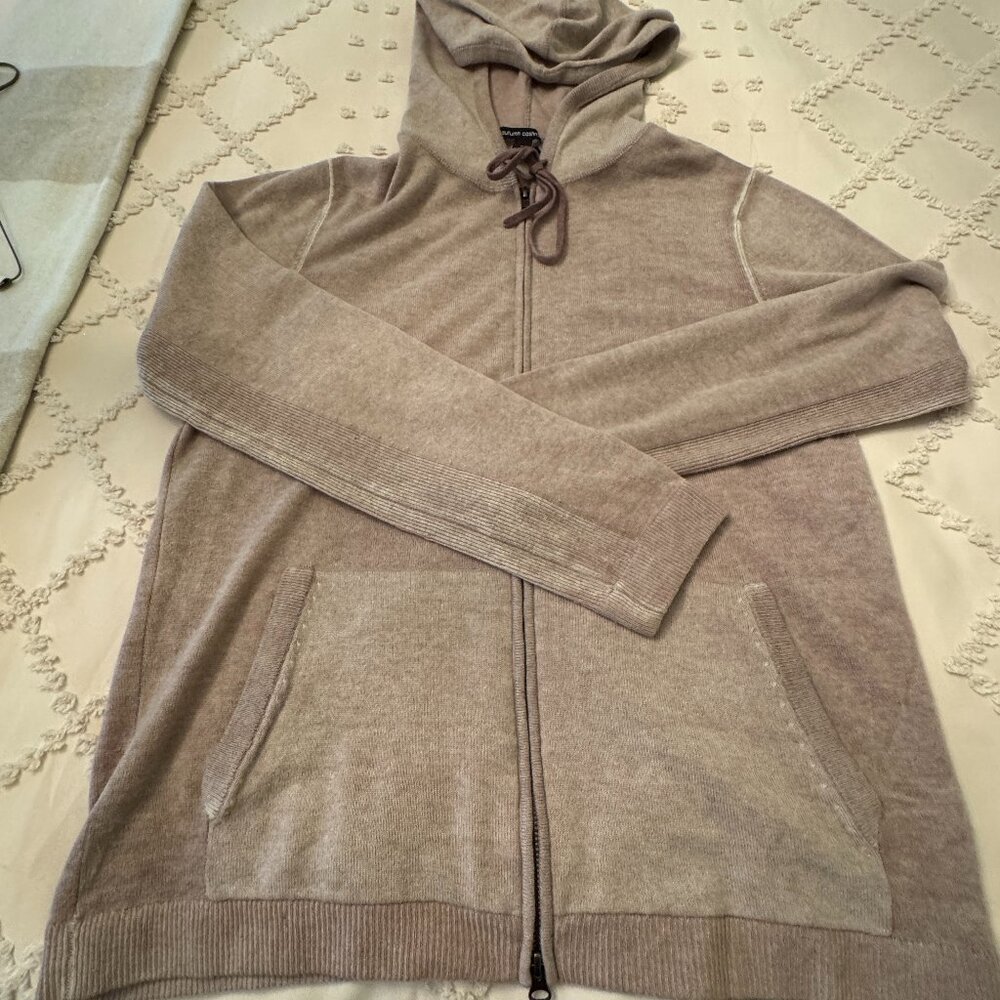 $400 Autum 100% Cashmere Mens medium zip hoodie sweater. beige tan